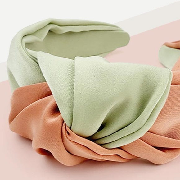 Mint Green Orange Two Tone Color Block Fabric Knot Headband Cute Accessory - Picture 2 of 2